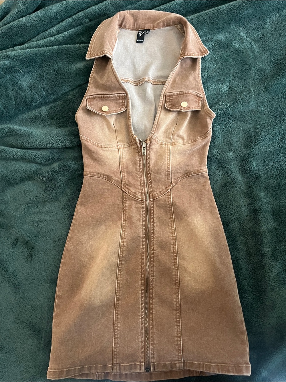 Windsor Faded Brown Denim Zip-Front Mini Dress
